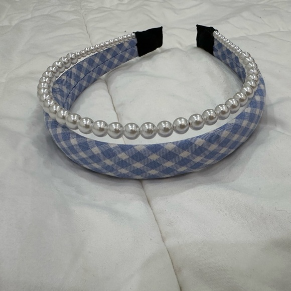 Brand new! JessaKae headband, double w/blue and white checkered print and pearls - Picture 2 of 3